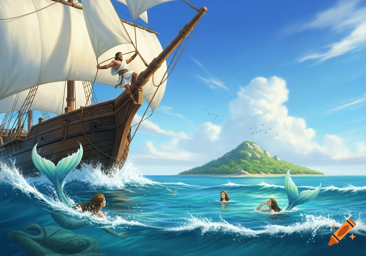 A Greek man on a sailing ship's bow overlooking mermaids in a sunny blue ocean with a green island in the distance, illustration.