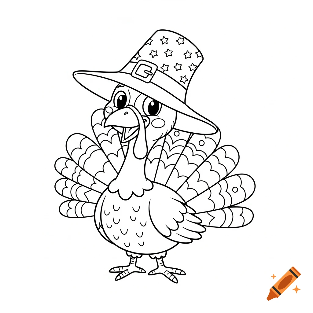 A black and white line art cartoon turkey wearing a pilgrim hat, ready for coloring.