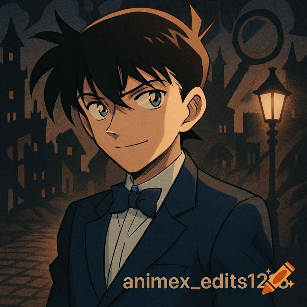 Anime character Conan Edogawa in a dark suit and bow tie, smirking against a dark city with a lamppost.