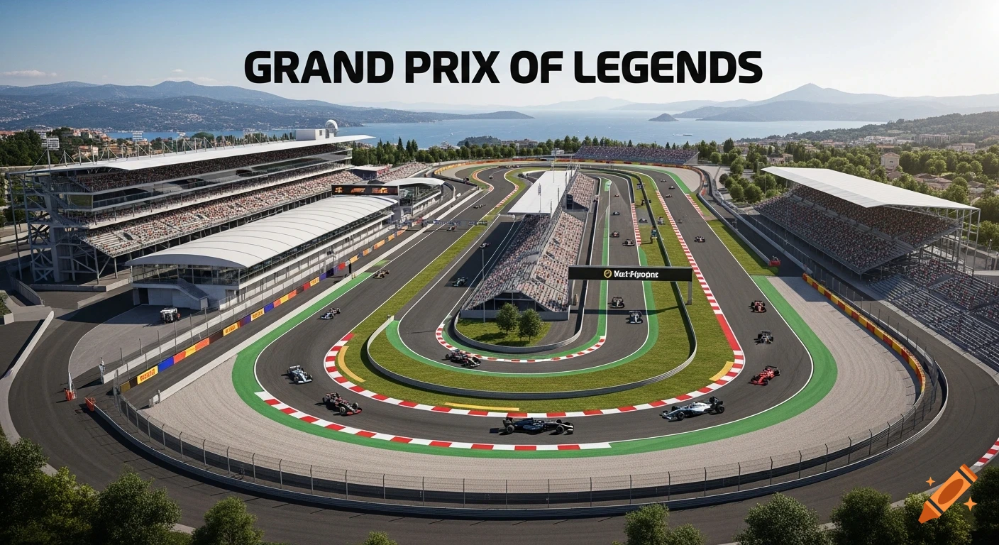 An aerial view of a winding Formula 1 race track with grandstands and cars, set against a mountainous coastal landscape under a clear sky. Text overlay reads "GRAND PRIX OF LEGENDS".