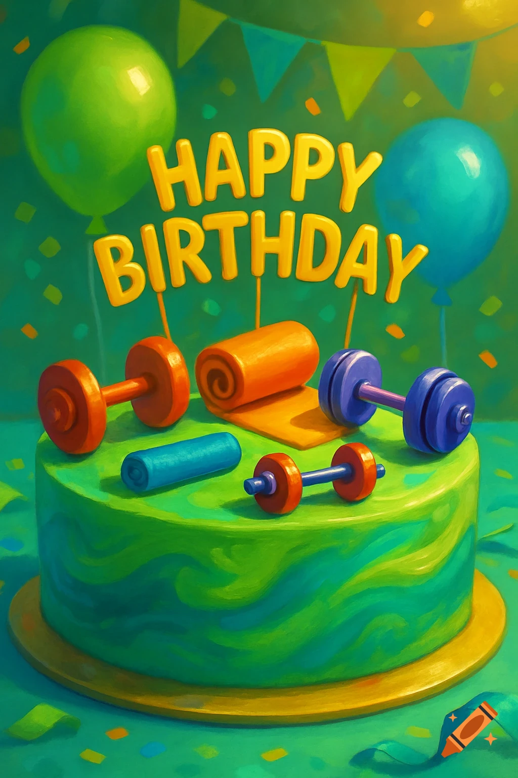 A vibrant green and blue birthday cake topped with workout equipment like dumbbells and a yoga mat, with "HAPPY BIRTHDAY" text and balloons in the background.