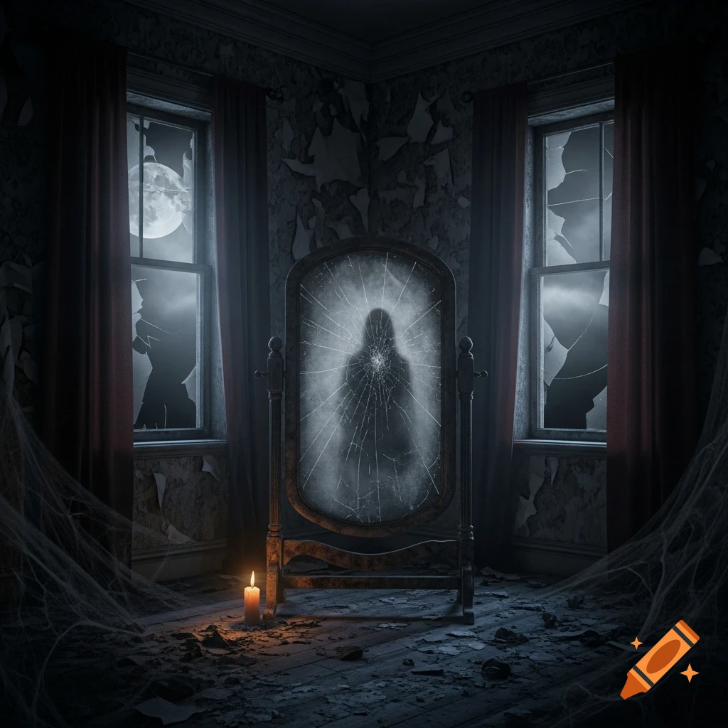 A dark, abandoned room with a cracked mirror reflecting a ghostly figure, illuminated by a single candle amidst spiderwebs and broken windows.
