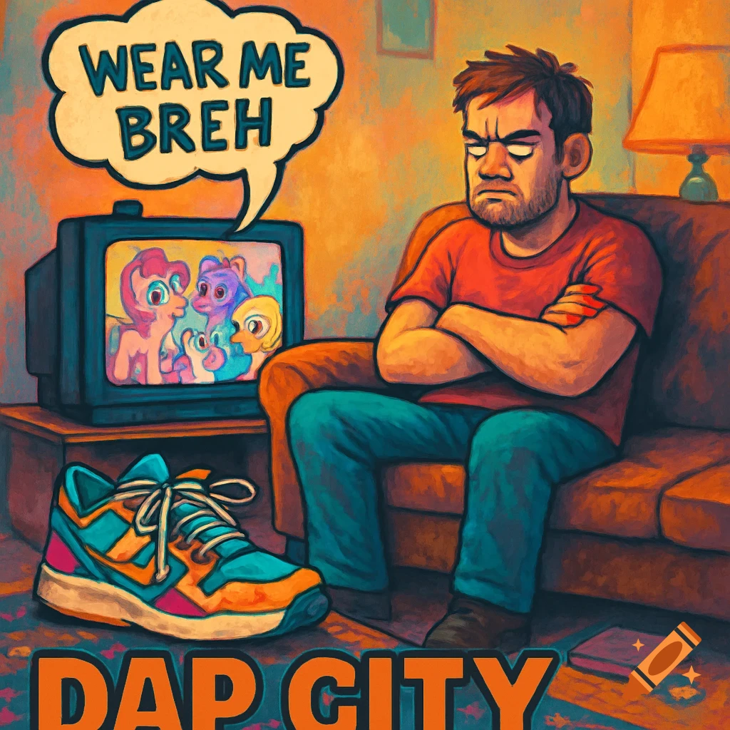 A grumpy man sits on a couch watching cartoon ponies on TV. A shoe in ...