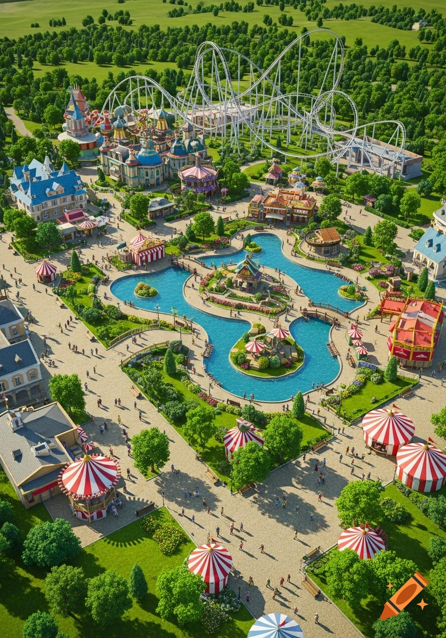 An aerial view of a vibrant theme park with roller coasters, colorful buildings, a blue river, and many small visitors.