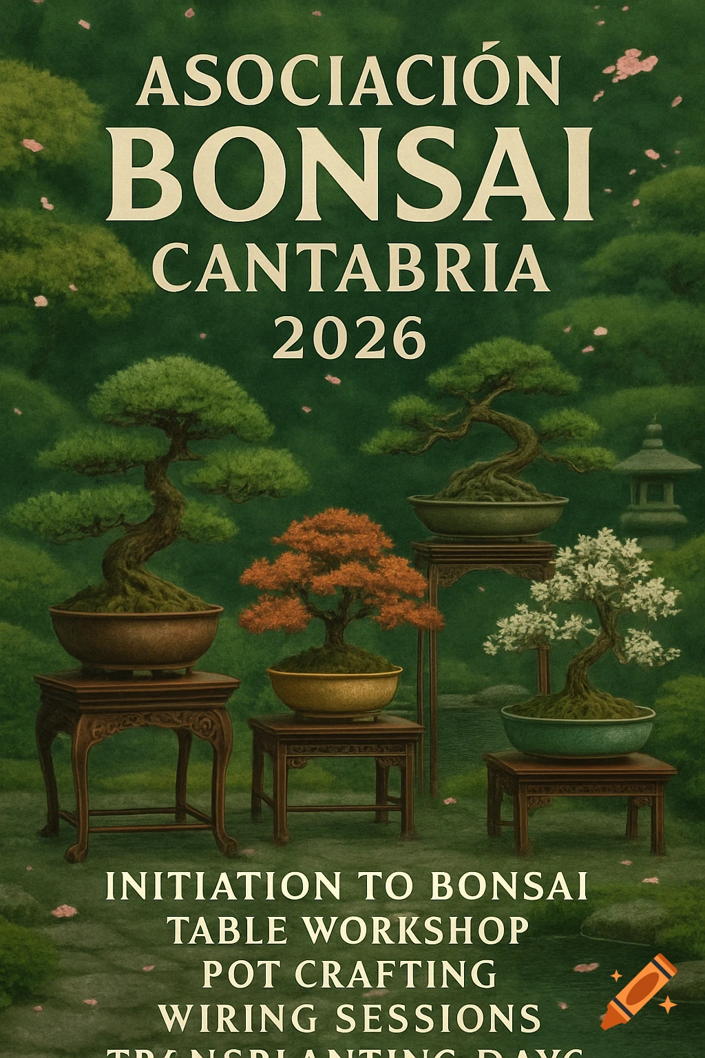 A poster advertising "ASOCIACIÓN BONSAI CANTABRIA 2026" against a green background with several bonsai trees on wooden stands. Text also lists workshops: Initiation to Bonsai, Table Workshop, Pot Crafting, Wiring Sessions, Transplanting Days.