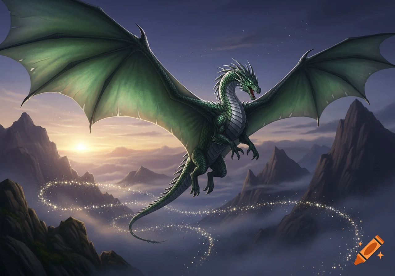 A majestic green dragon with large wings flies over misty mountains and ...