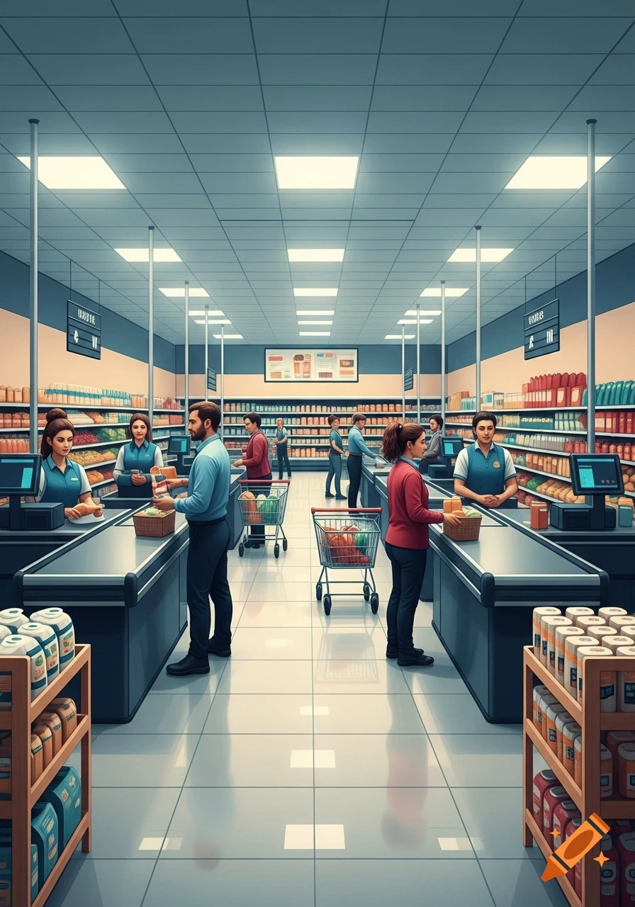 A bustling grocery store interior with shoppers and cashiers at checkout lanes, rendered in a clean, stylized manner.