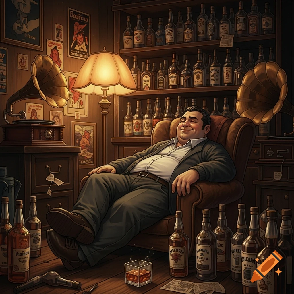 A man in a suit smiles contentedly, leaning back in an armchair amidst a room filled with alcohol bottles and vintage gramophones.
