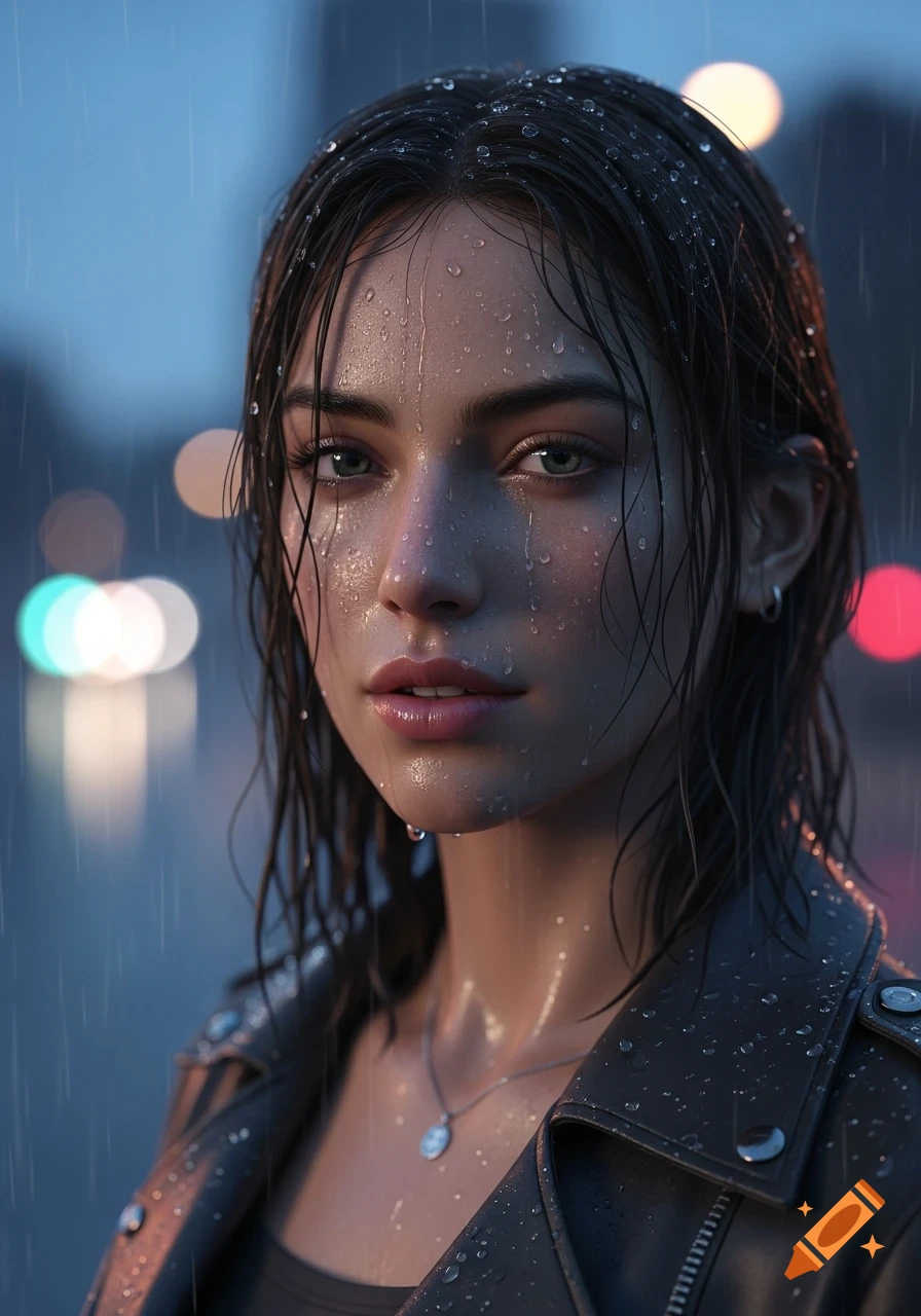 Ultra-realistic portrait of a woman with wet hair and face, looking at the camera in the rain, with blurred city lights.
