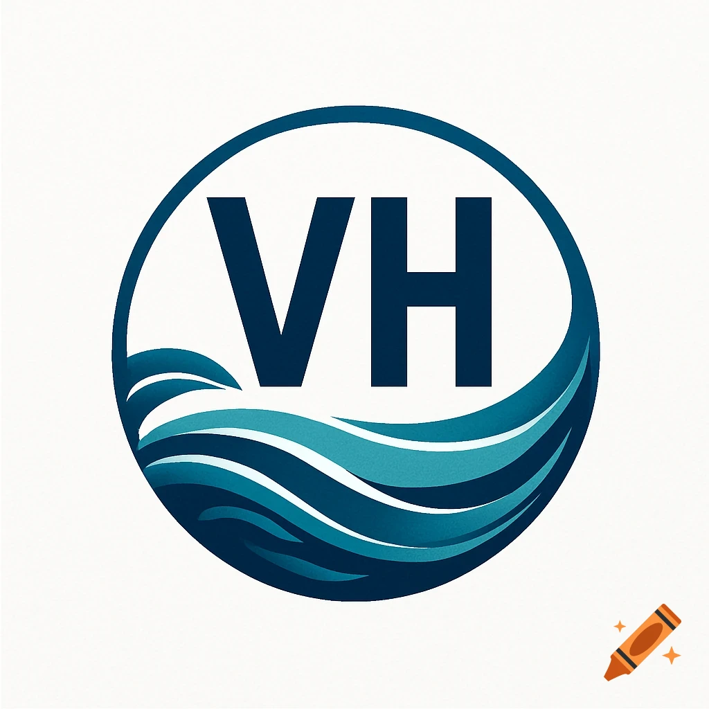 Blue circular logo with the letters 'VH' and stylized waves on a white background.