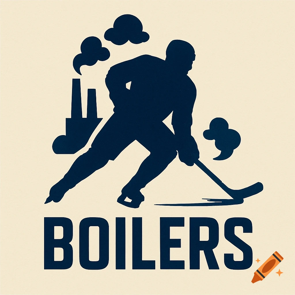 Dark blue silhouette logo featuring a hockey player, industrial smokestacks, and the bold text "BOILERS" on a light cream background.