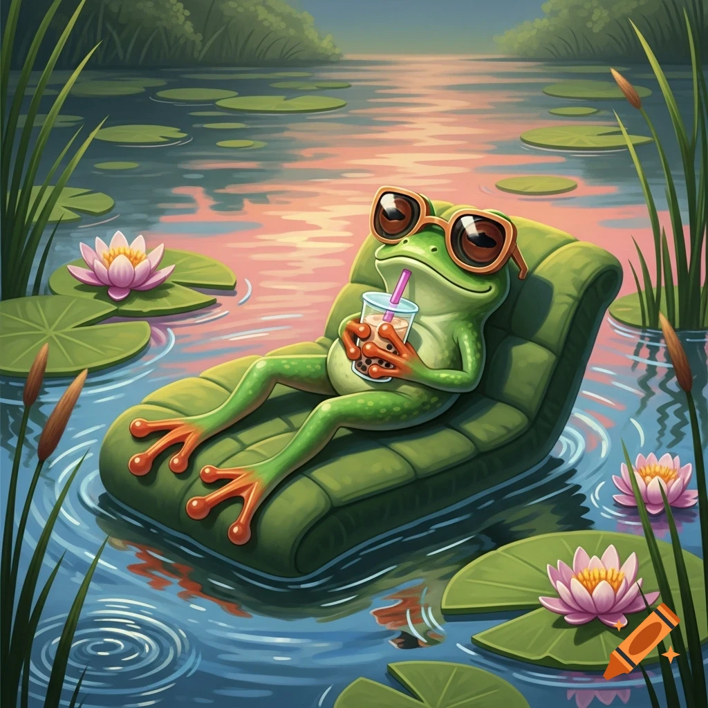 A cartoon frog wearing sunglasses sips boba tea while floating on a green lounge chair in a pond with lily pads.