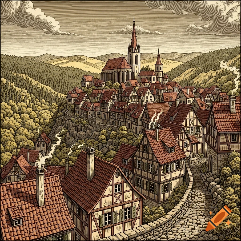 Detailed woodcut illustration of a medieval town on a hill with a central church, surrounded by forests and mountains.