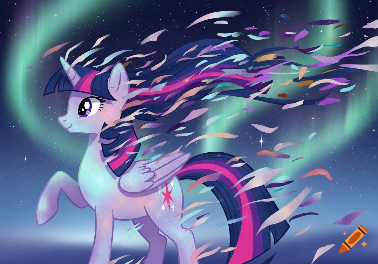 Twilight Sparkle, a purple Alicorn, stands against a starry night sky with aurora borealis, her mane and tail abstractly flowing.