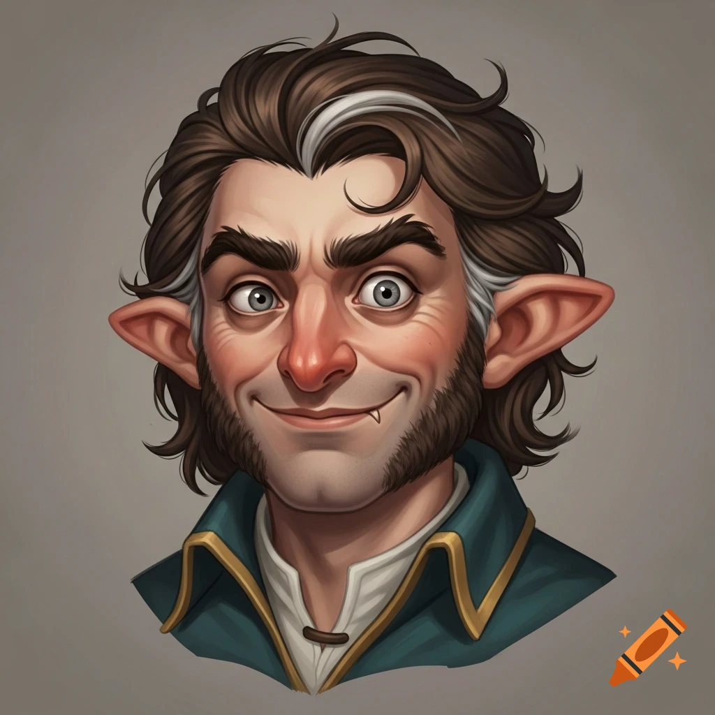 A detailed portrait of an asymmetric halfling man with large ears, brown and white hair, a beard, and a quirky, lopsided smirk.