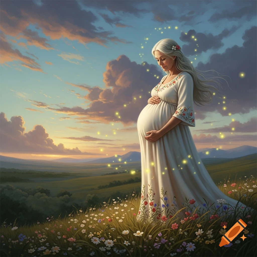 A pregnant woman with long white hair in a white floral dress stands in a wildflower field at sunset, ethereal lights float around her.