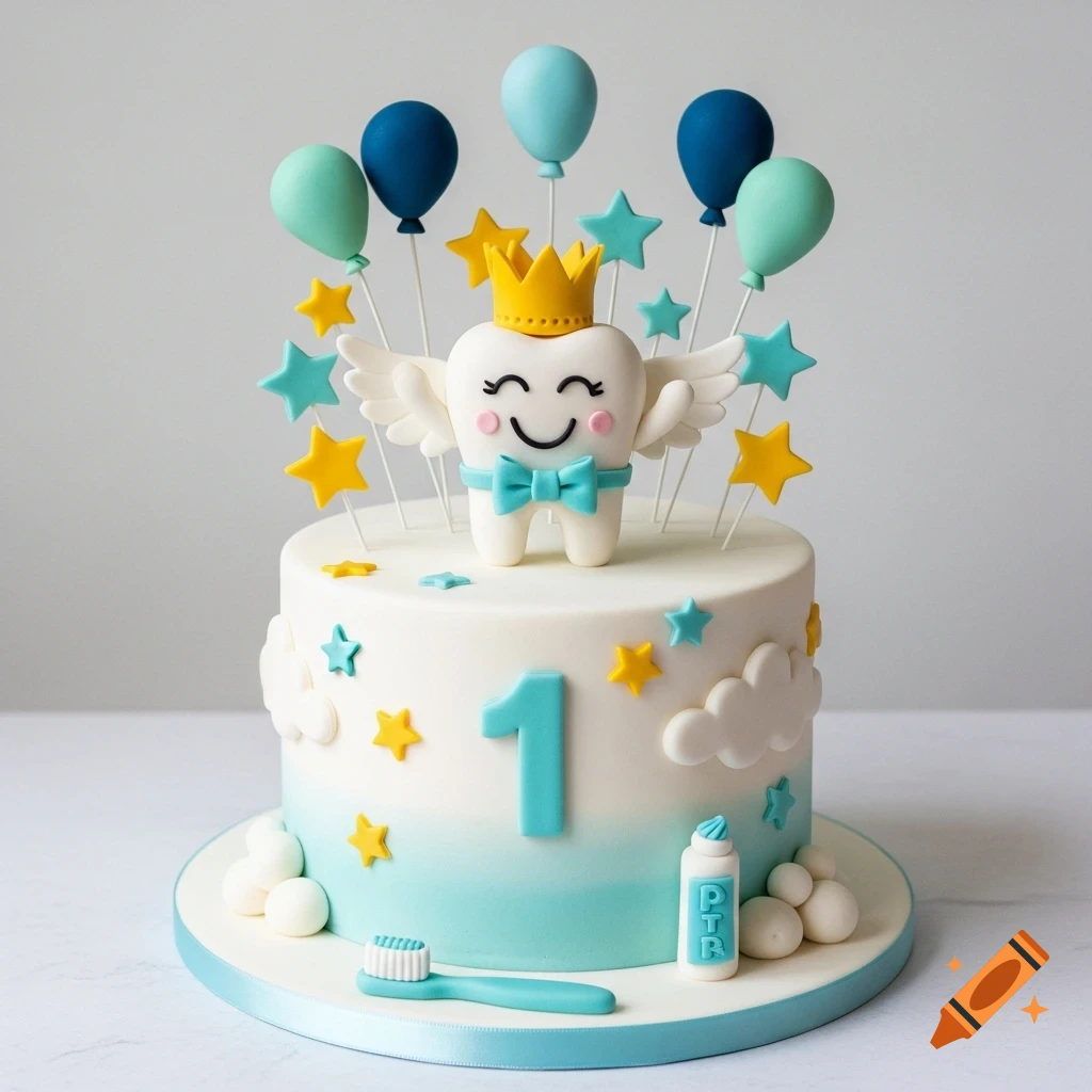 A white and blue single-tier cake with a smiling, winged tooth figurine wearing a gold crown and blue bow tie on top. Decorated with balloons, stars, clouds, the number one, a toothbrush, and a toothpaste tube.