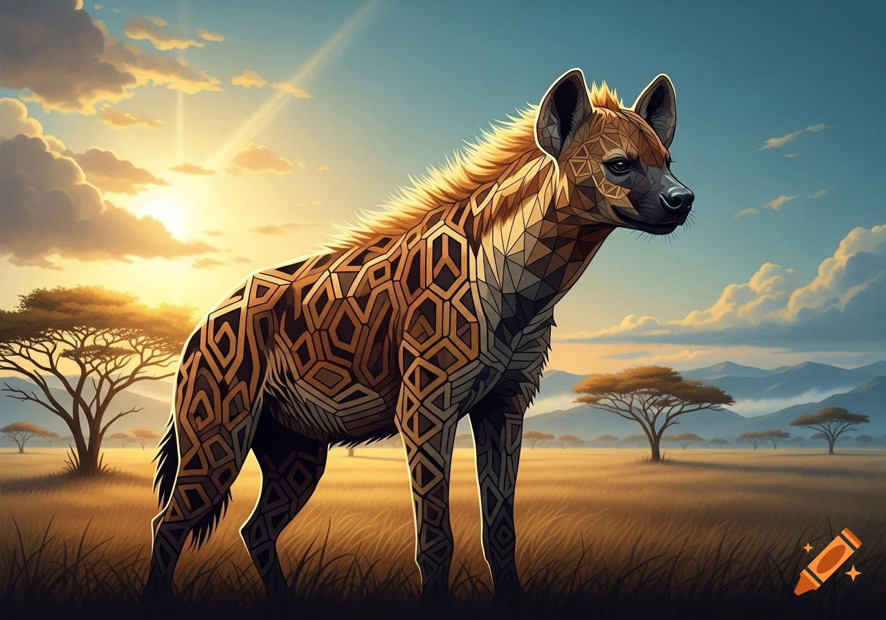 A stylized hyena with a geometric fur pattern stands in a savanna landscape during sunrise.