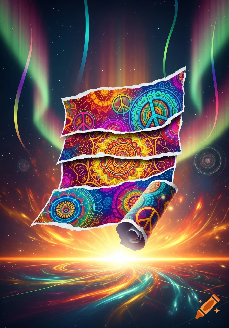Colorful ripped paper with psychedelic peace signs and mandala patterns floating against a vibrant, cosmic light background.