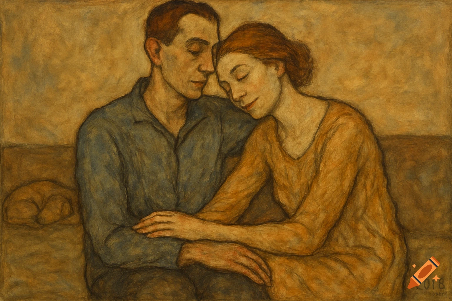 Expressionist painting of a man and woman embracing, her head on his shoulder, in a warm, muted palette.