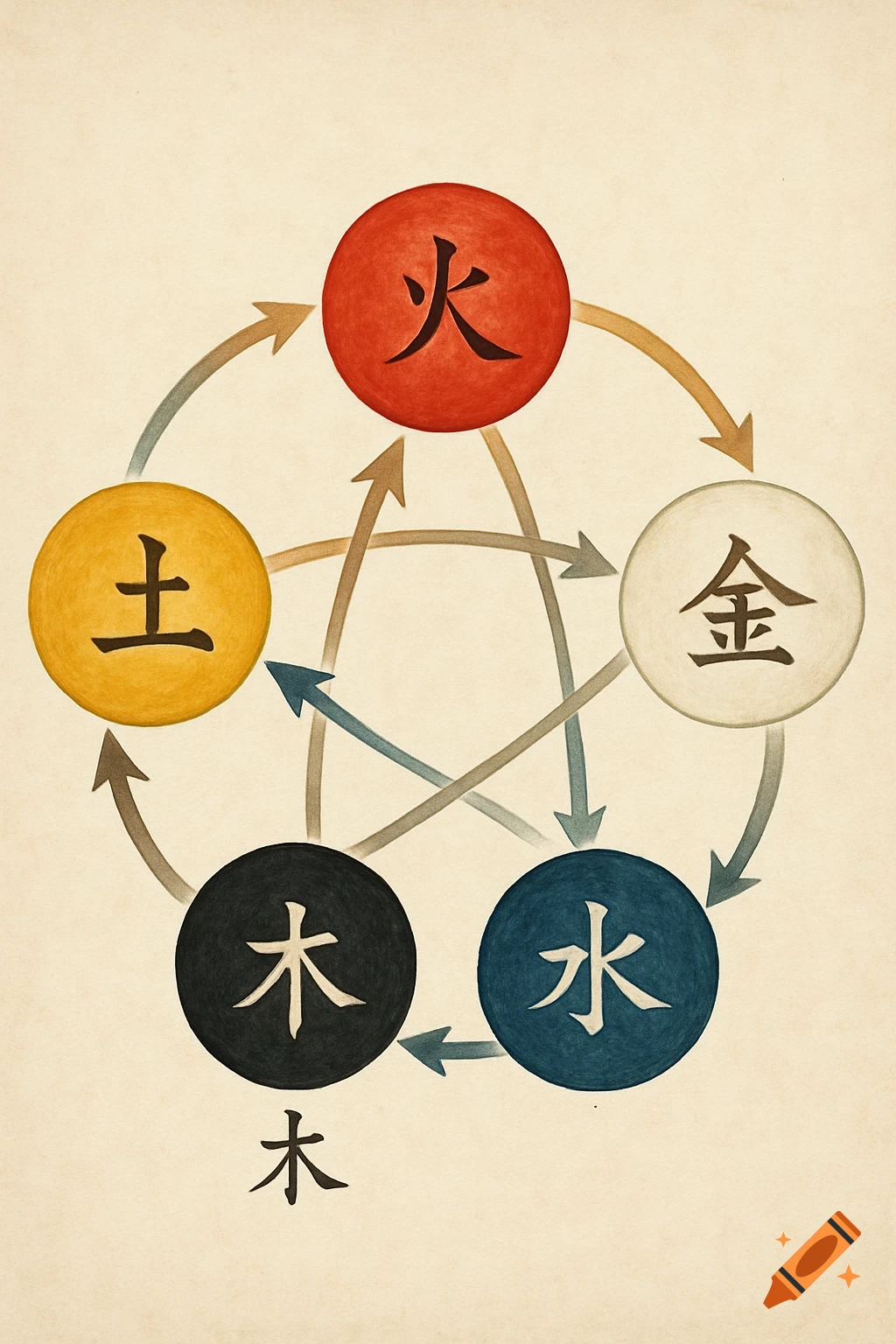 Traditional diagram of the Five Elements (Wu Xing) showing generation and control cycles with colored circles for fire, earth, metal, water, and wood connected by arrows.