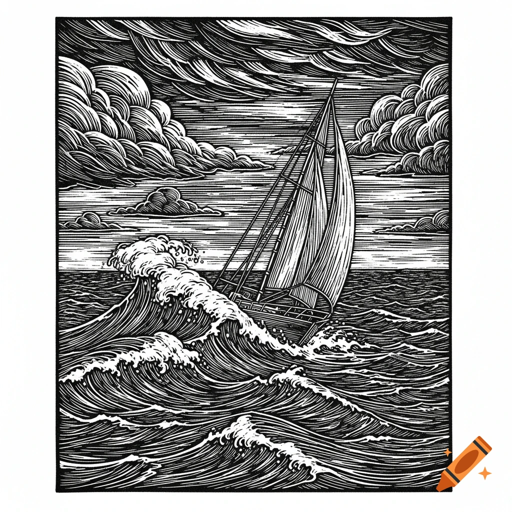 A lone sailboat on a stormy ocean, rendered in a striking black and white linocut print style with thick lines and high contrast.