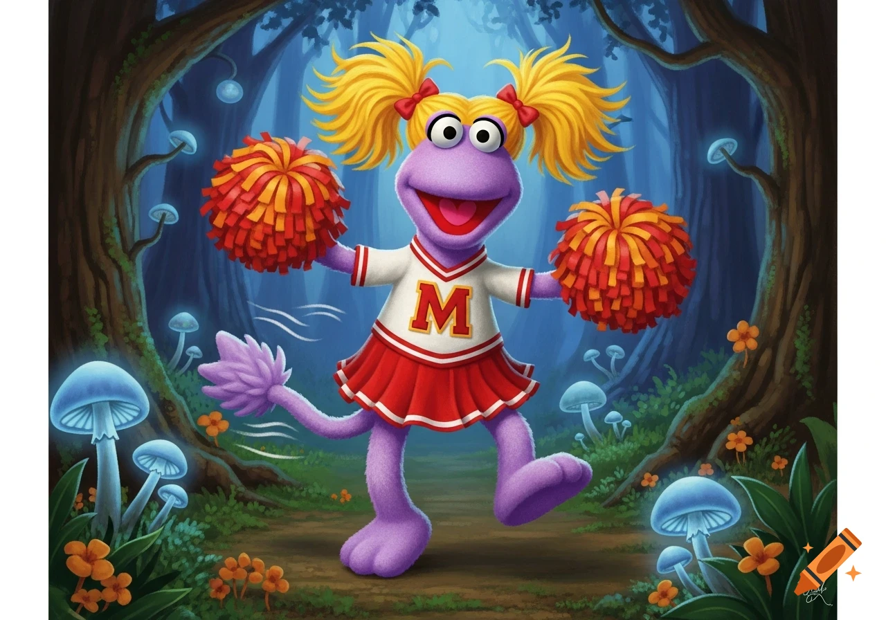 A purple Fraggle cheerleader with yellow pigtails, wearing a red 'M' shirt and holding pom-poms, cheers in a magical forest.