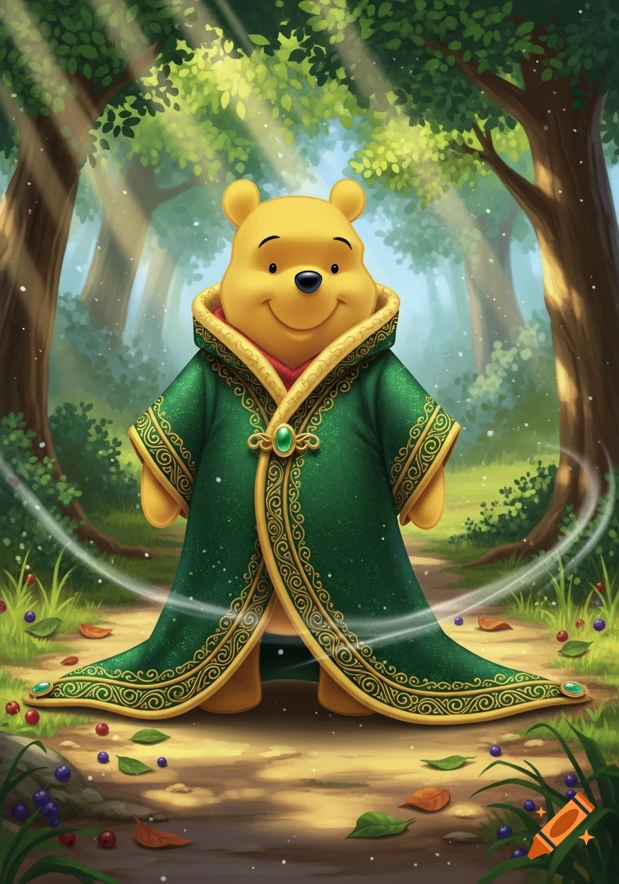 Winnie the Pooh, wearing an ornate green dragon robe, stands smiling in an enchanted forest with sunbeams.