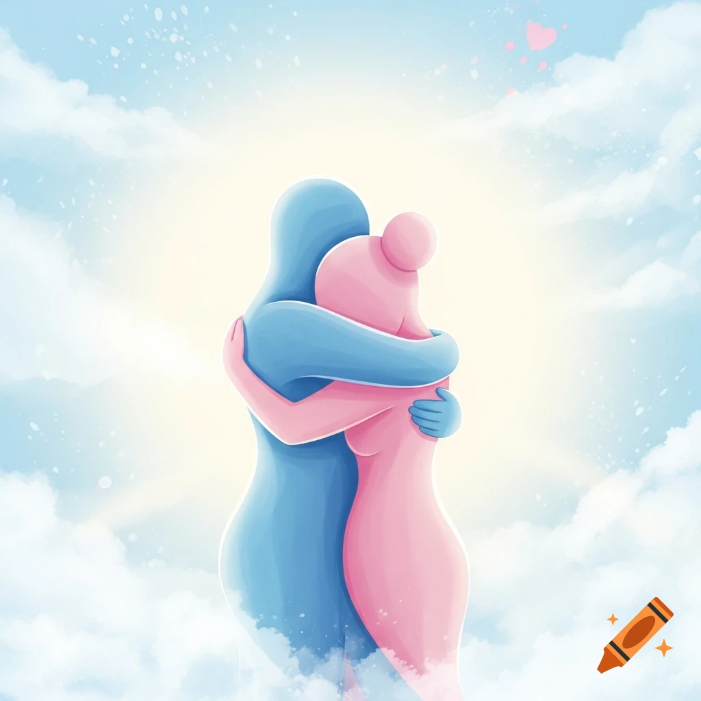 Stylized illustration of a blue figure embracing a pink figure against a bright, cloudy sky with small hearts.