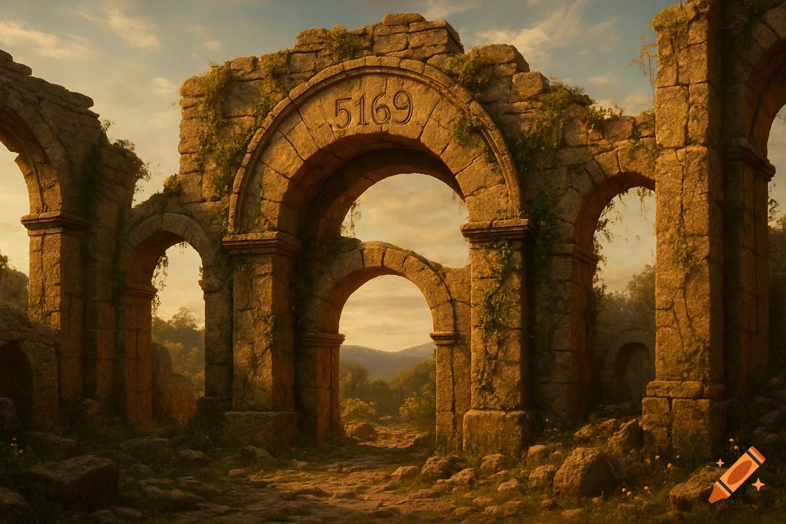 Ancient stone ruins with multiple arches, overgrown with vines, under a soft sunset sky. The number '5169' is carved into the central arch.