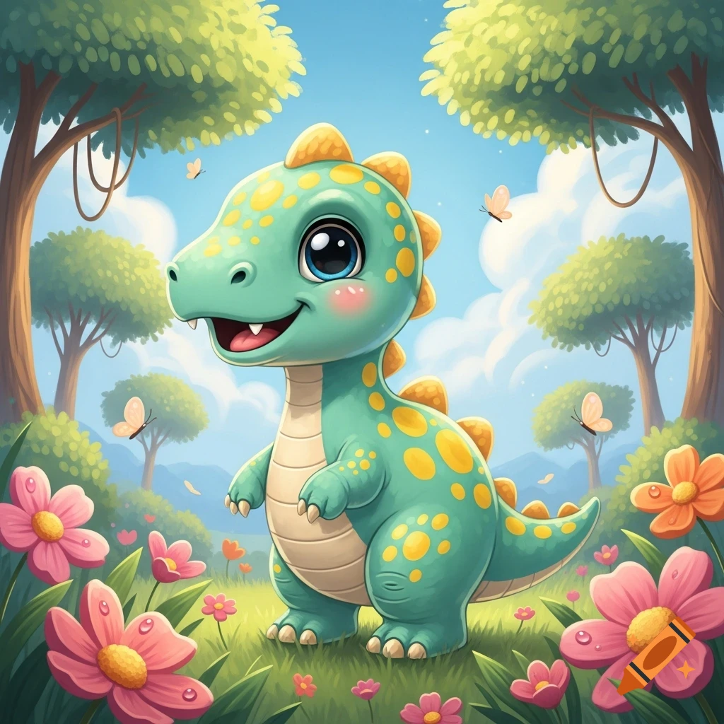 A cute green cartoon dinosaur with yellow spots and big eyes stands in a lush field with pink and orange flowers and trees under a blue sky.