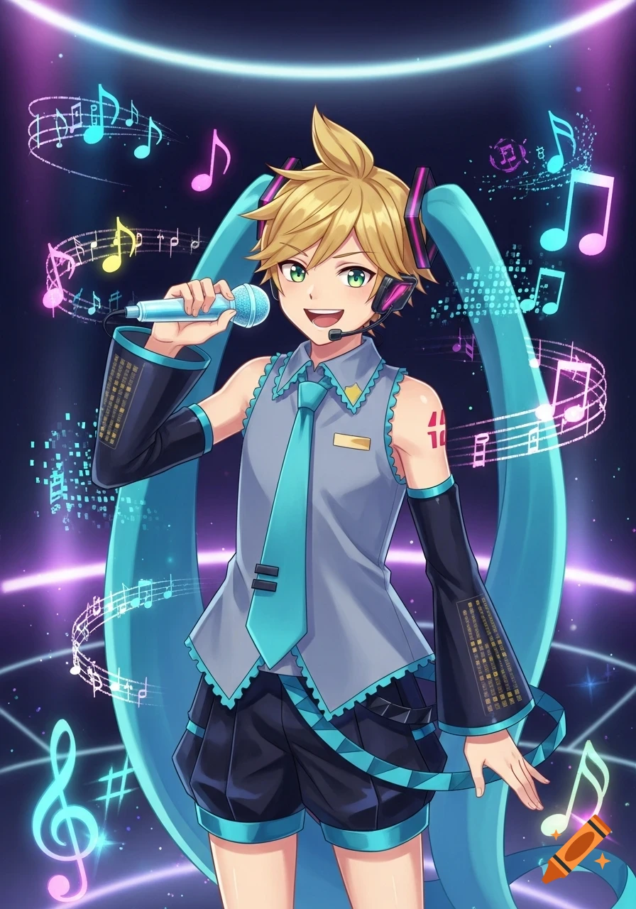 Kagamine Len, dressed in Hatsune Miku's teal and grey outfit, sings into a microphone amidst glowing musical notes.