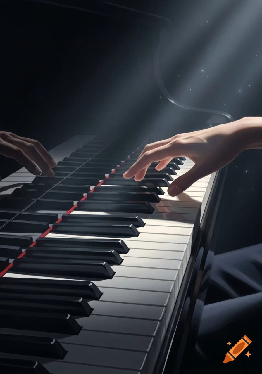 Illustrated hands play a piano keyboard, illuminated by dramatic light rays in a dark setting.
