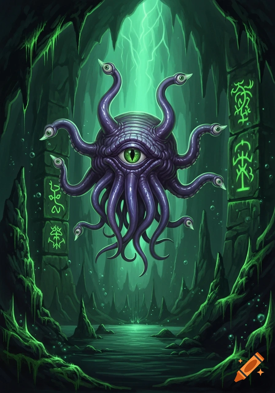 A purple, multi-eyed, tentacled monster resembling a Beholder with Mind Flayer traits floats in a glowing green cave with runic pillars.