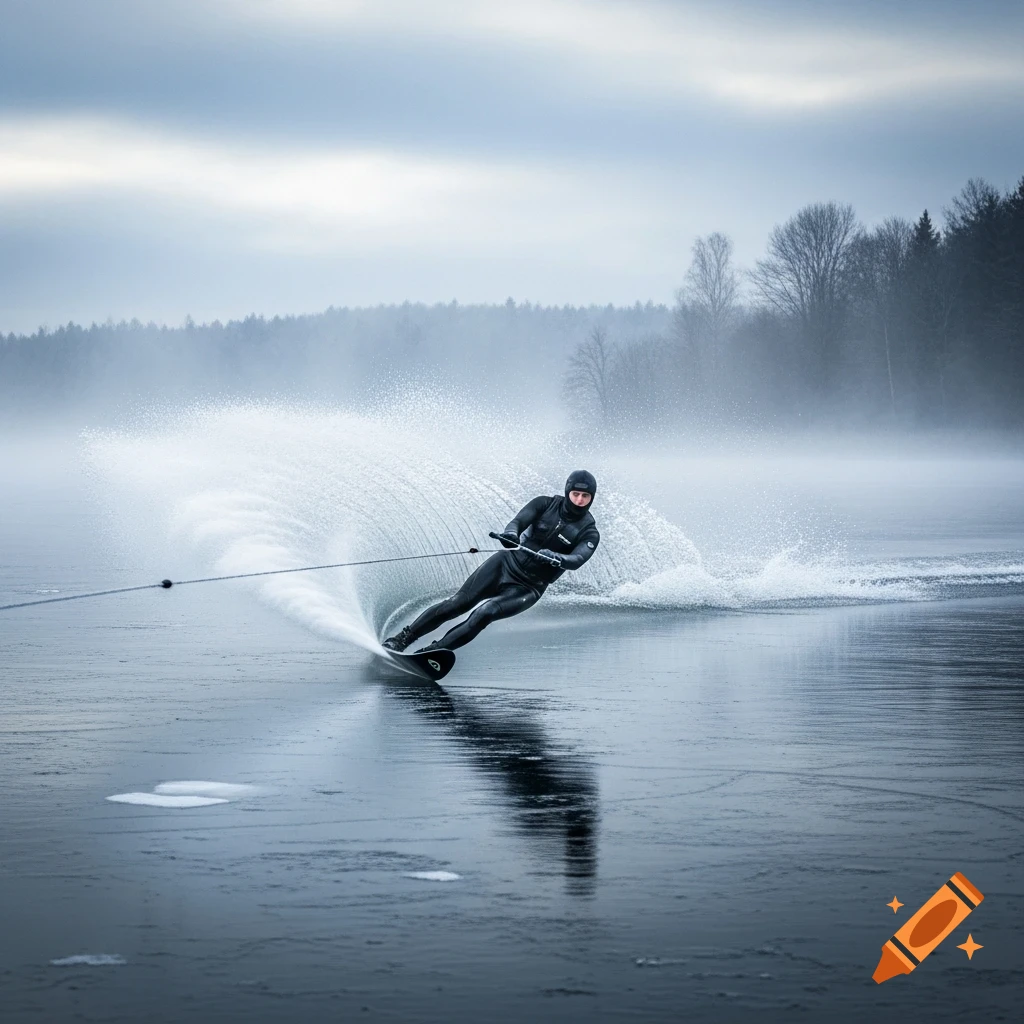 A waterskier in a black wetsuit speeds across cold, icy water, creating a large spray, with a misty forest in the background.
