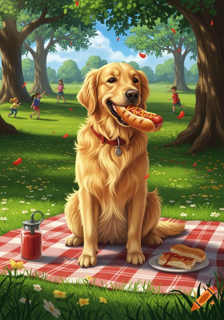 A happy Golden Retriever sits on a picnic blanket in a park, holding a hot dog in its mouth, with children playing. Illustration.