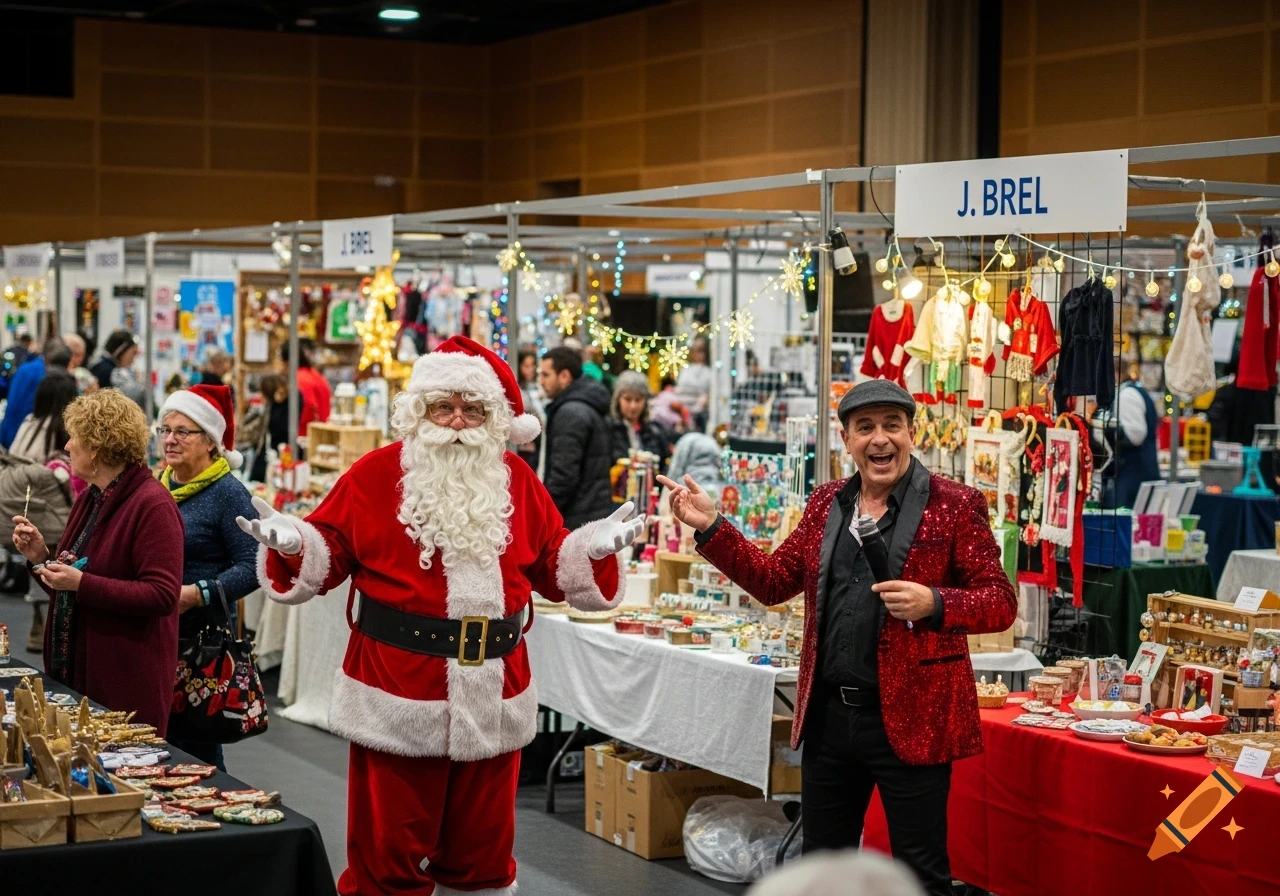Santa Claus and a man in a red sequin jacket pose in front of festive market stalls adorned with Christmas lights.