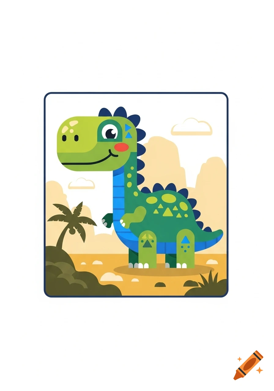 A cute green cartoon dinosaur with blue spikes and belly stands in a prehistoric landscape with mountains and a palm tree in a flat design style.