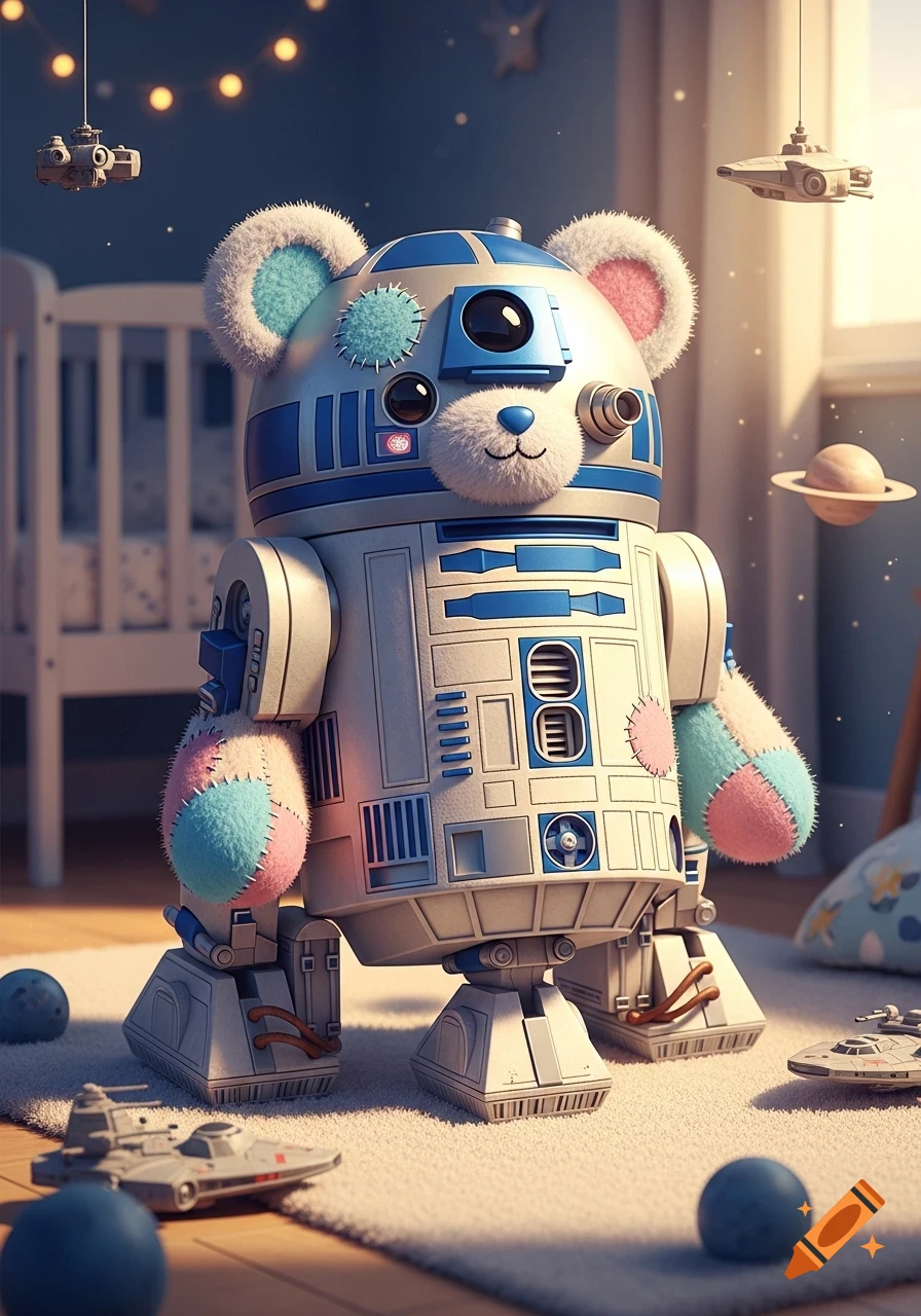 A cute, fluffy R2D2 teddy bear stands in a baby's nursery, surrounded by toy spaceships, balls, and twinkling fairy lights.