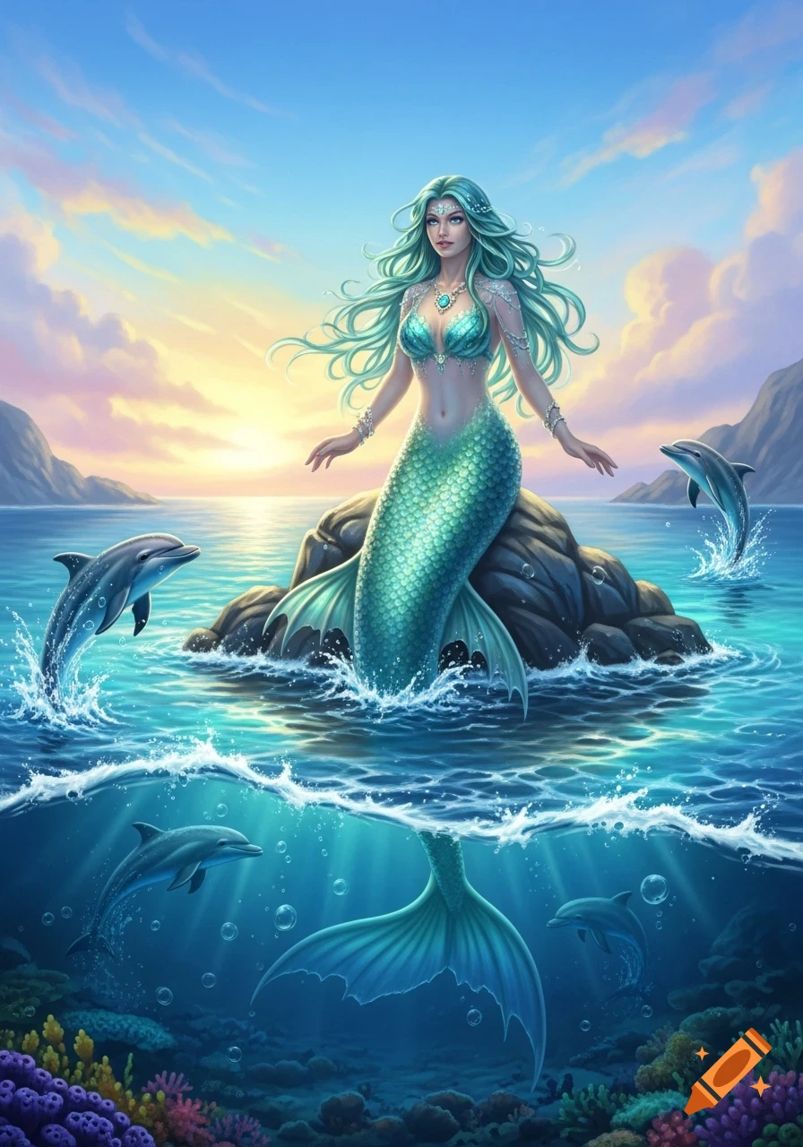 A vibrant illustration of a teal-haired mermaid with a scale tail sitting on a rock in the ocean, surrounded by jumping dolphins, under a colorful sunset sky.