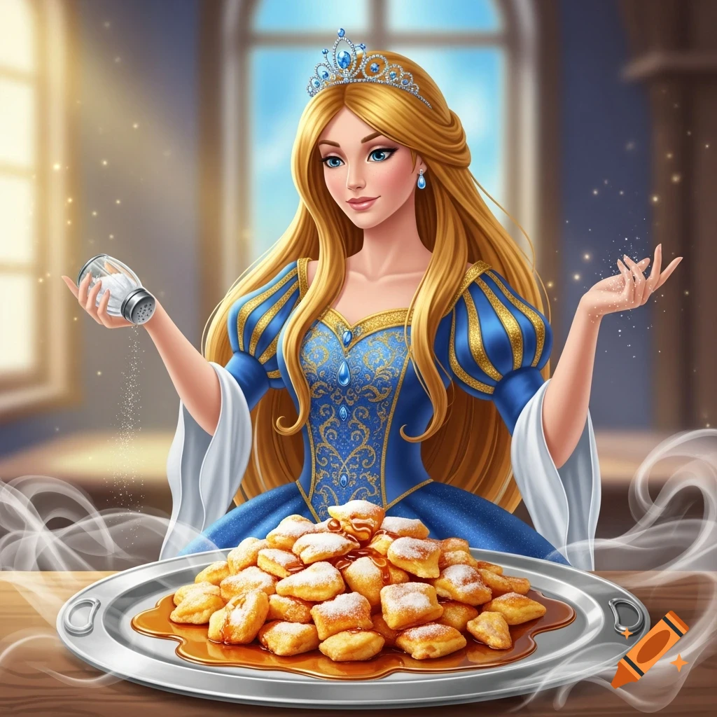 A smiling cartoon princess wearing a blue dress and a tiara sprinkles powdered sugar on a platter of golden pancakes with syrup.