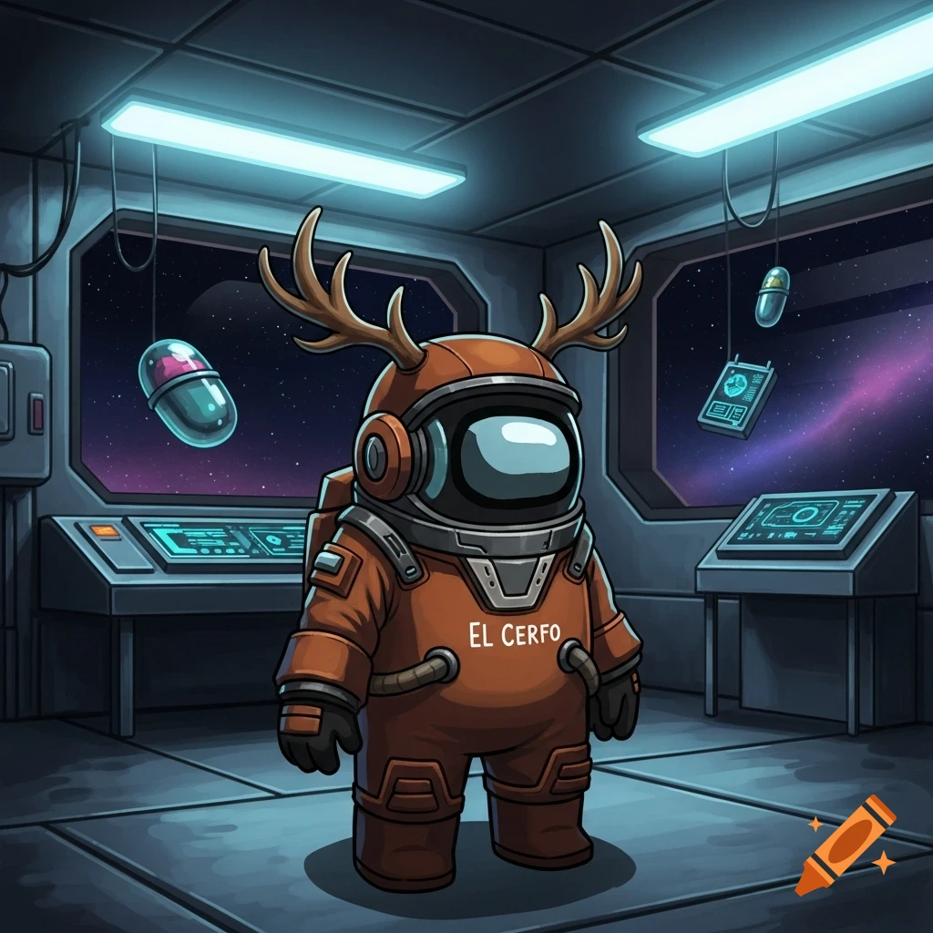 An orange Among Us character with antlers and 'EL CERFO' on its chest stands in a spaceship looking at space with floating capsules.