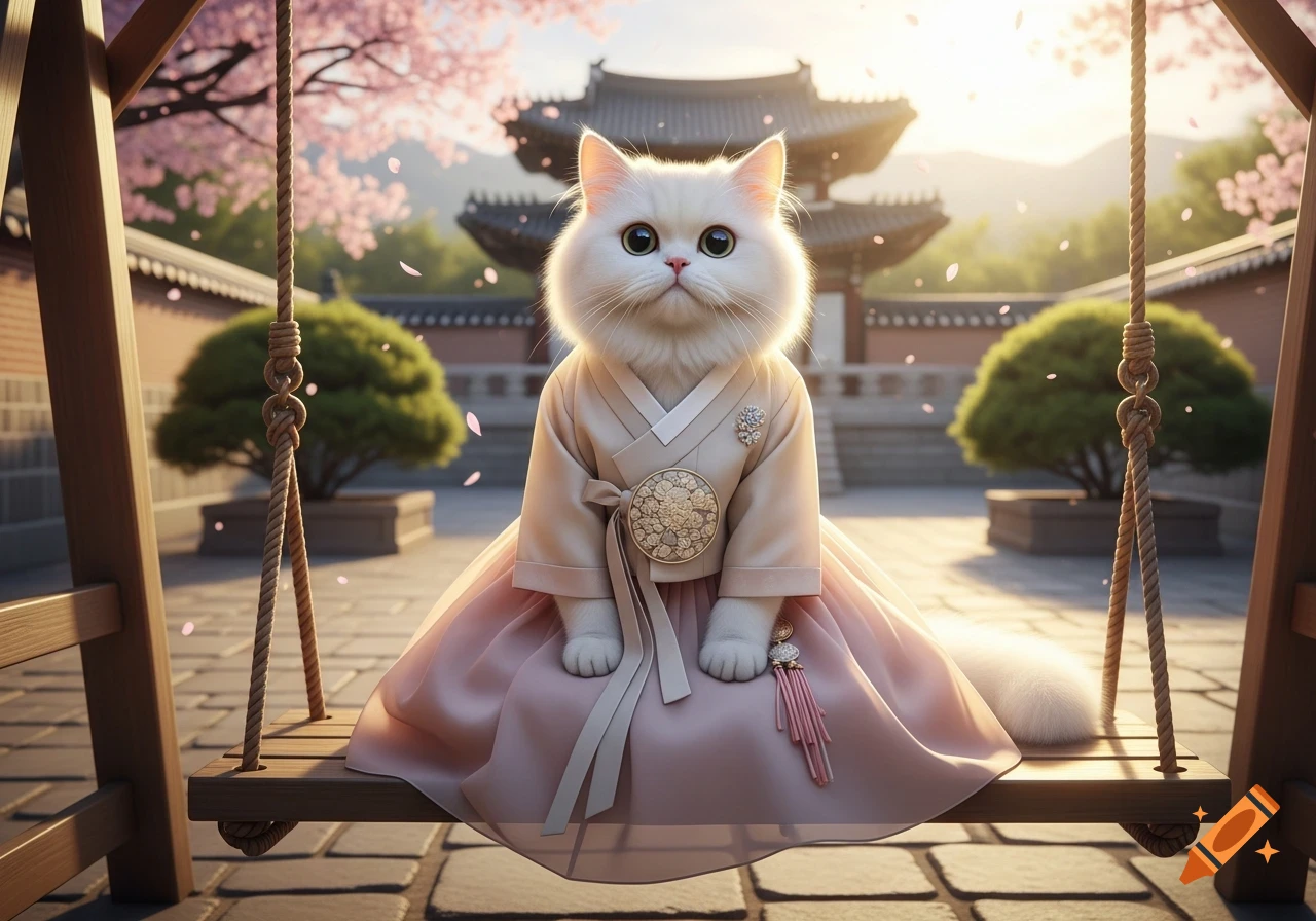 A fluffy white Persian cat wearing a pink and cream hanbok sits on a wooden swing amidst falling cherry blossoms in a traditional Korean palace garden.