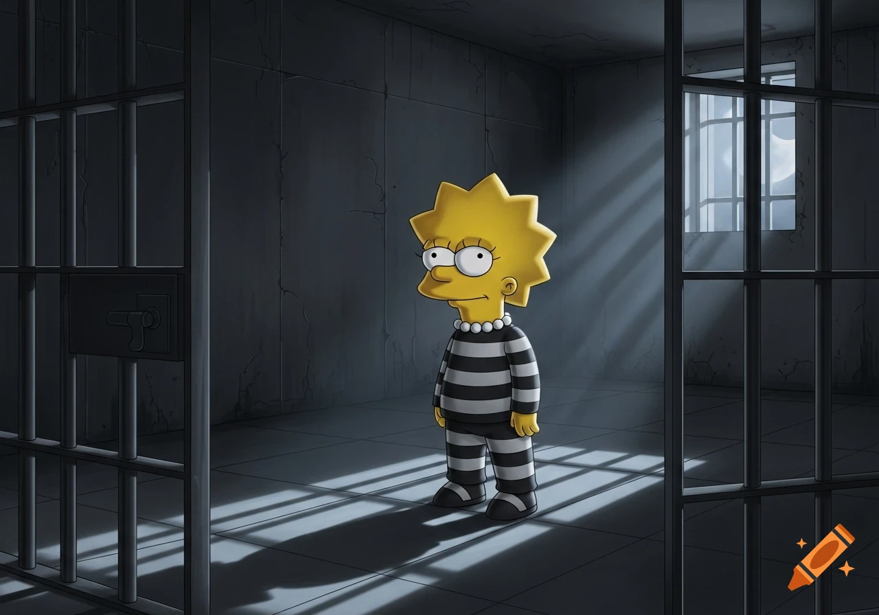 Lisa Simpson, wearing a black and white striped prison uniform and a pearl necklace, stands in a dimly lit prison cell with light shining through the barred window.