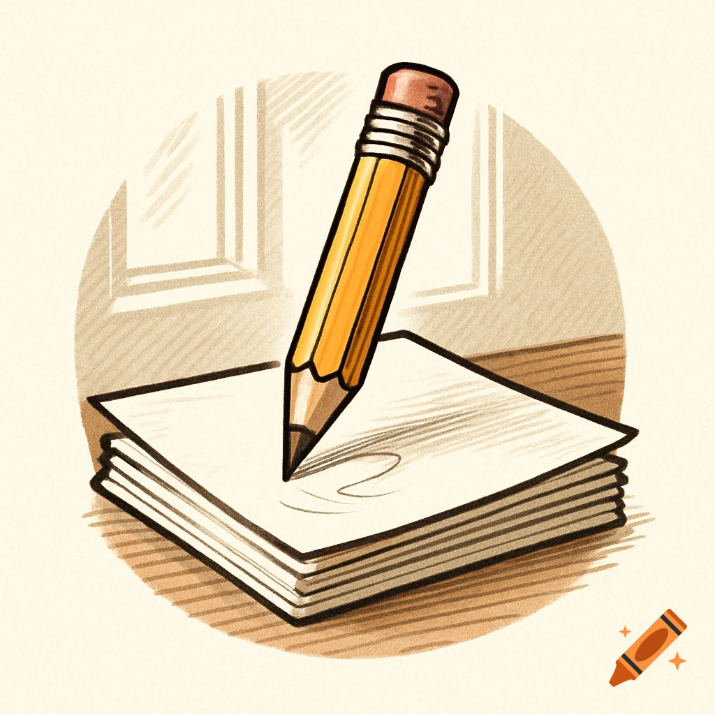 A yellow pencil with a pink eraser tip writes a faint scribble on a stack of white paper in an illustrative style.