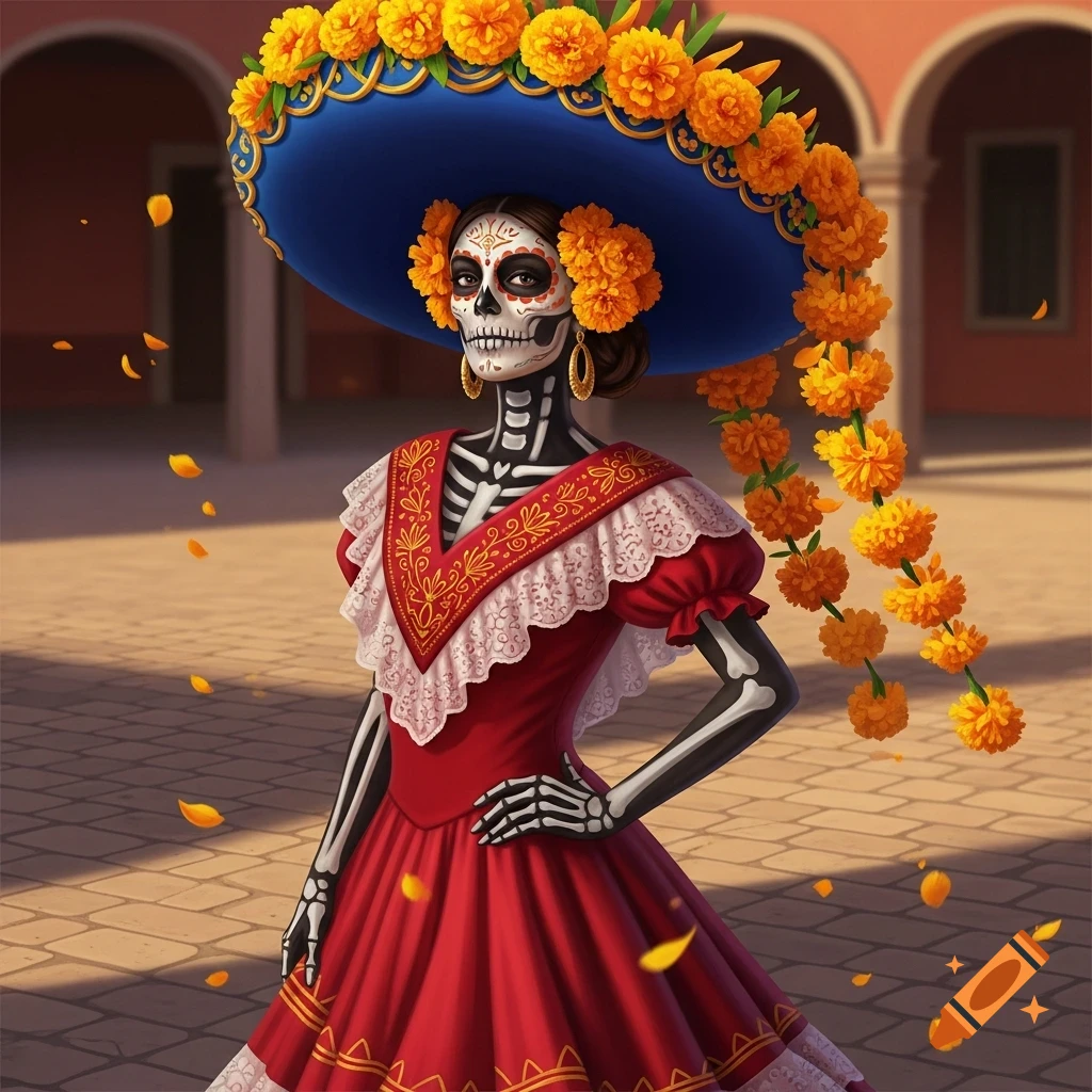 A Catrina skeleton woman in a red dress and blue marigold sombrero in a plaza.