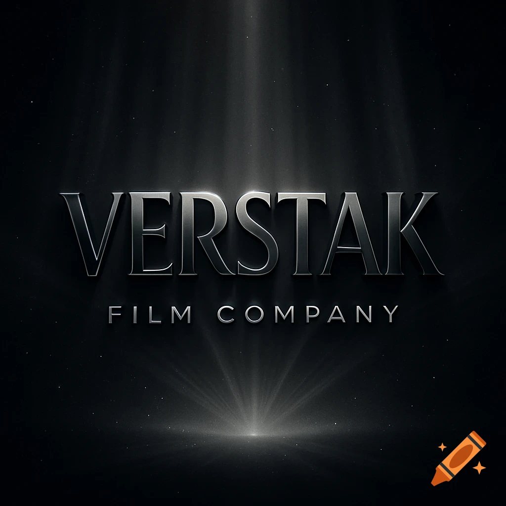 A metallic silver logo for VERSTAK FILM COMPANY with dramatic light rays on a dark background.