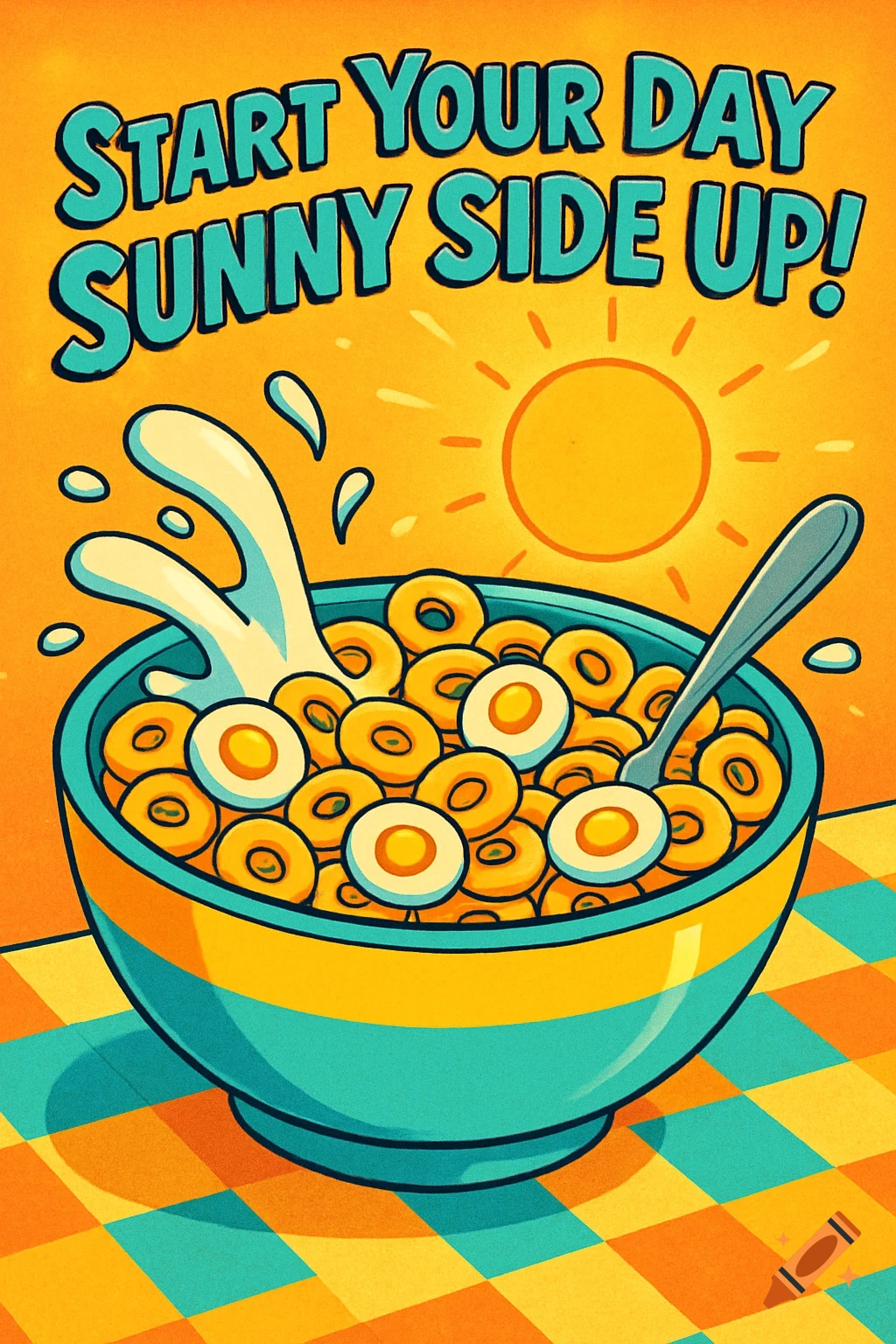 Retro illustration of cereal with egg-shaped pieces and text 'START YOUR DAY SUNNY SIDE UP!' on a sunny background.