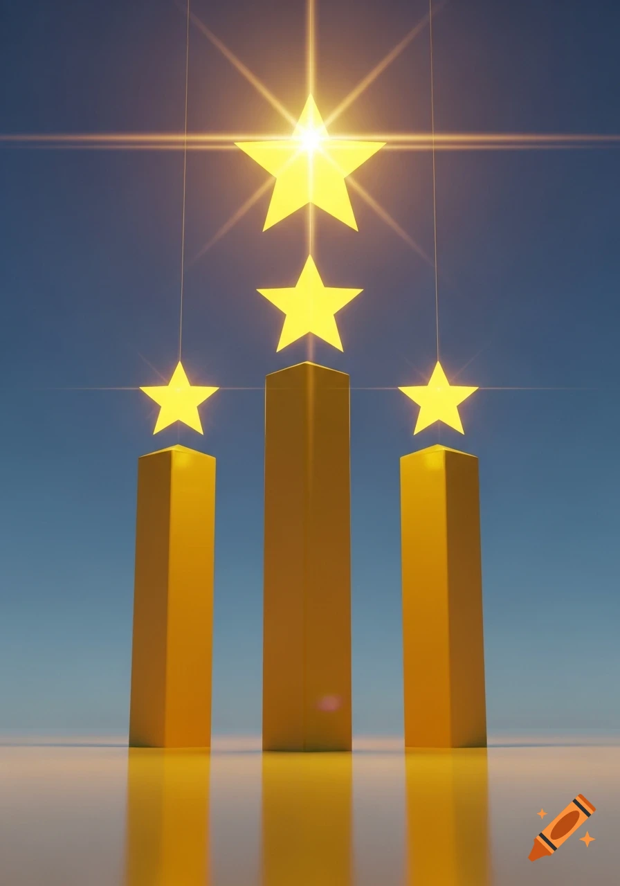 Three golden pillars topped with yellow stars, with an additional star floating above them, reflecting on a polished surface under a clear blue sky.