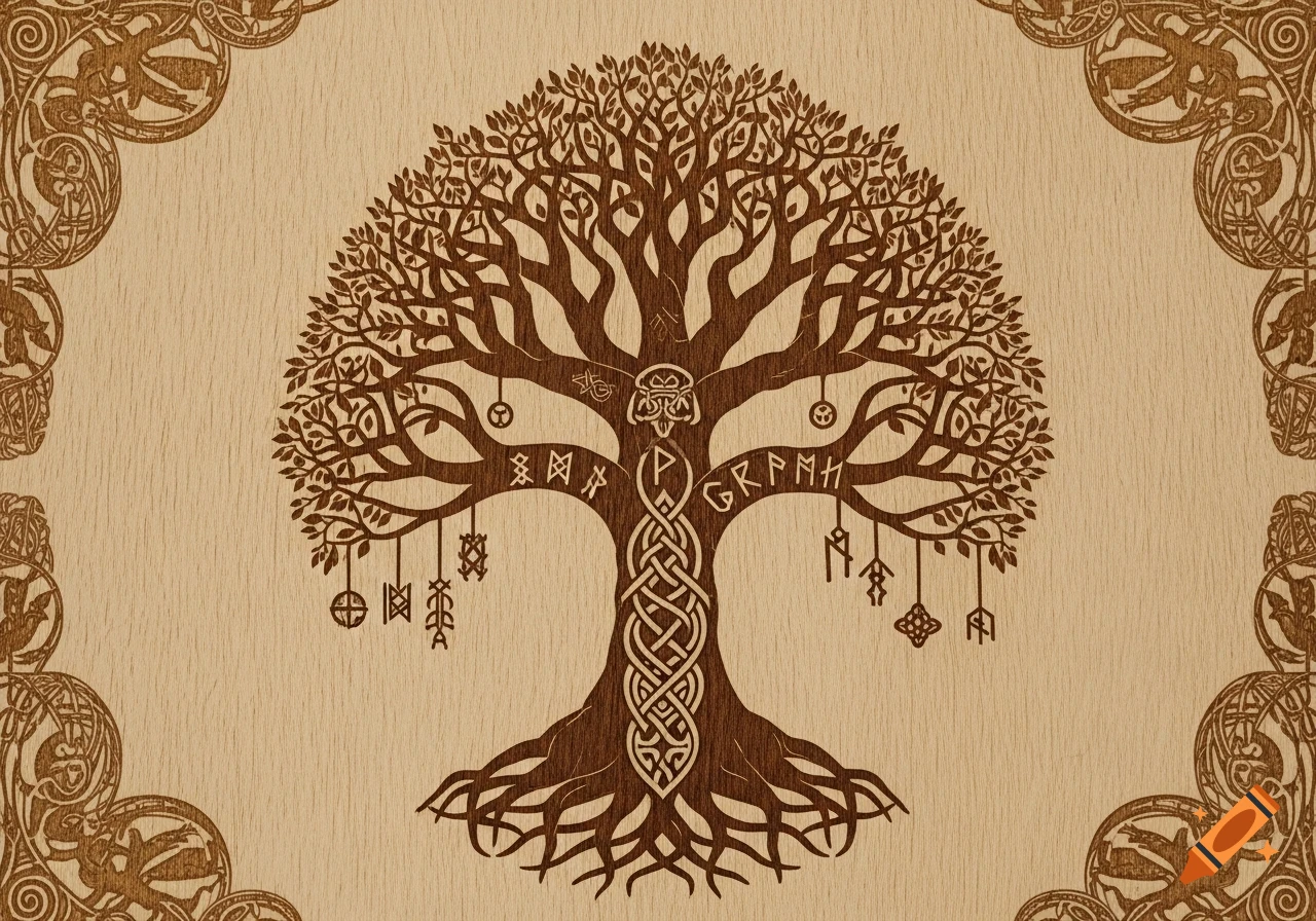 Detailed wood carving of a stylized World Tree with Celtic knotwork, leafy branches, and runic symbols, bordered by ornate Norse patterns on a light wood background.
